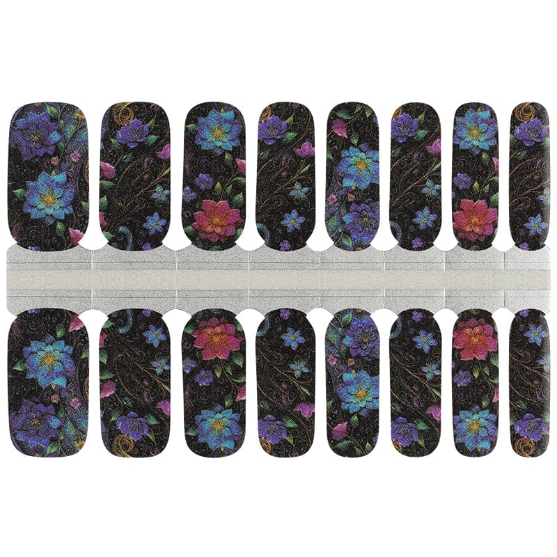 Black nail wraps with jewel-toned purple, blue and pink floral garden design