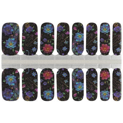 Black nail wraps with jewel-toned purple, blue and pink floral garden design