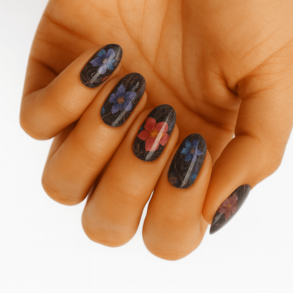 Hand wearing dark floral nail wraps with purple and red flowers on black background