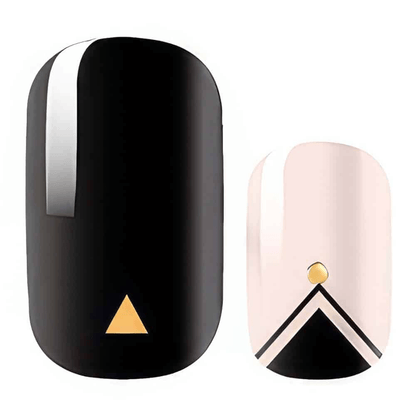 Black glossy nail wraps with gold triangle design and pink geometric chevron patterns