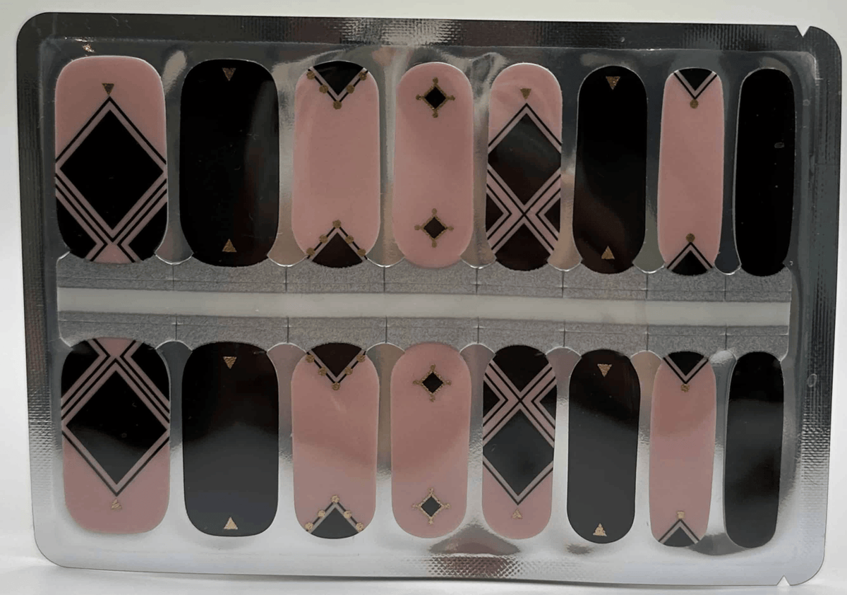 Black and pink nail wraps sheet with geometric diamond patterns for DIY nail art