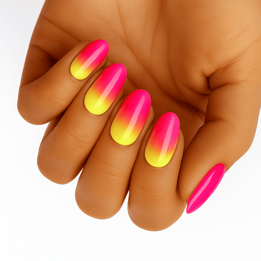 Holy Classics non-UV nail wraps, glossy neon pink-to-yellow ombré on almond nails