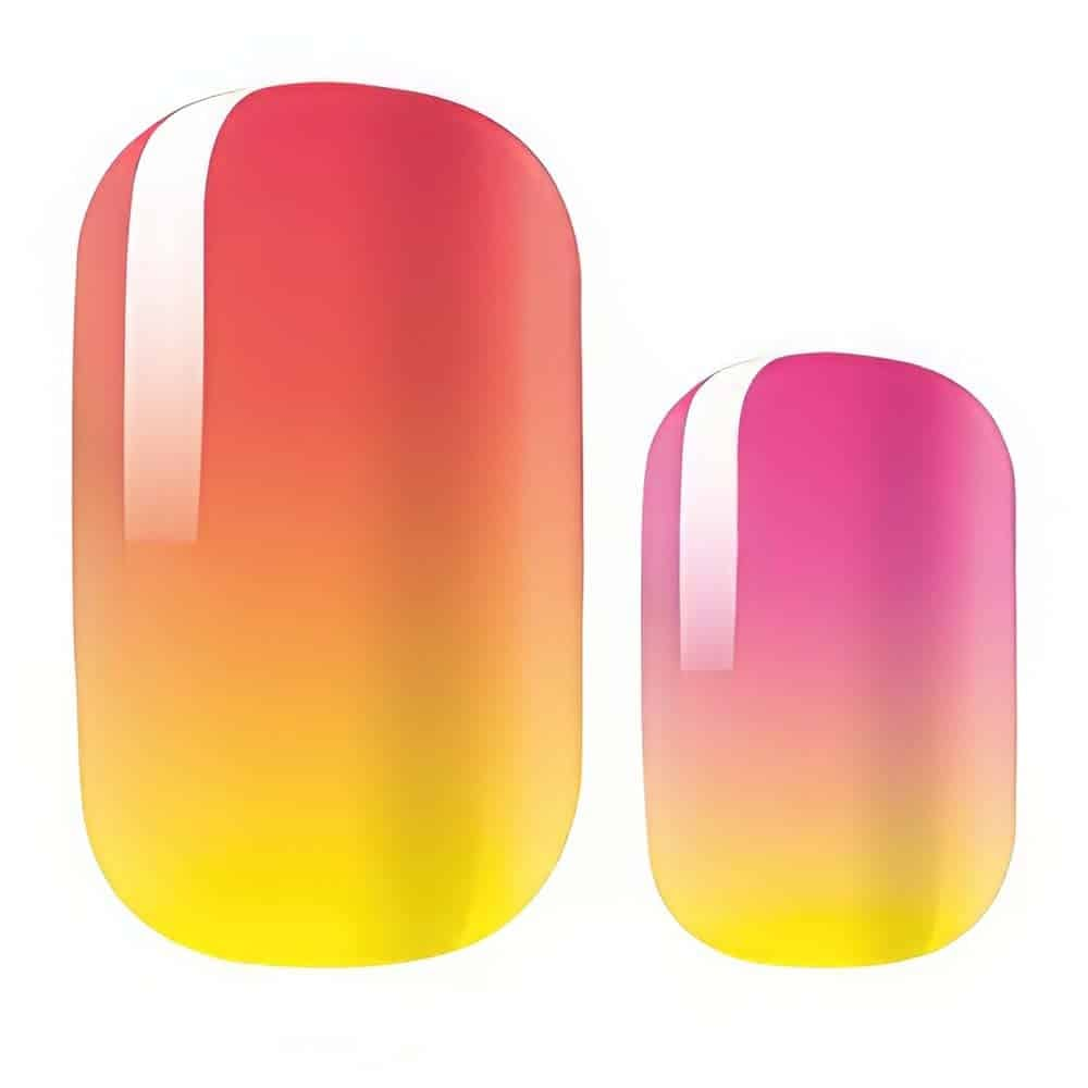 Vibrant ombre nail wraps in pink, coral and yellow gradient finish