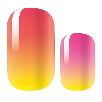 Vibrant ombre nail wraps in pink, coral and yellow gradient finish