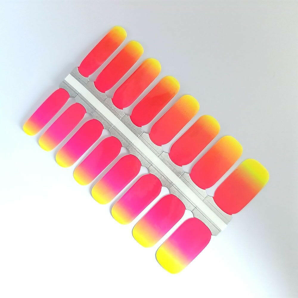 Neon ombre nail wraps set featuring pink to yellow gradient manicure design