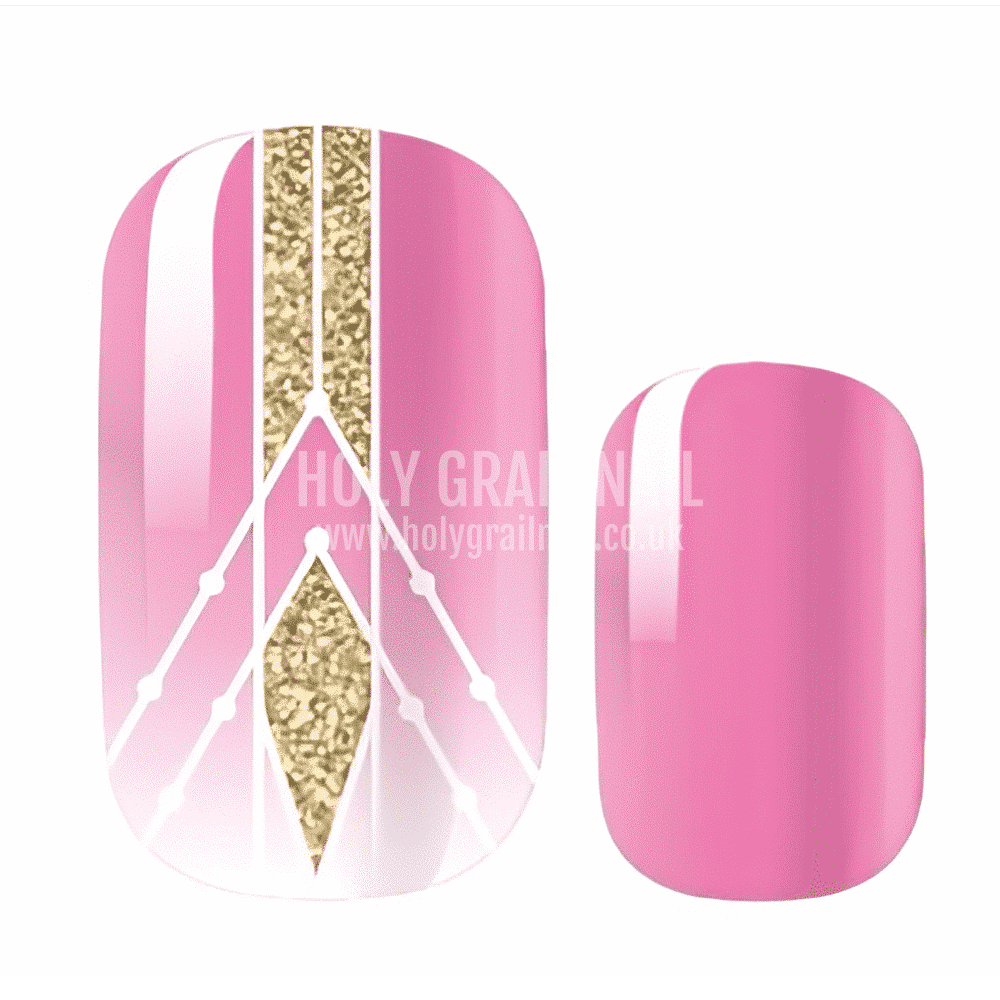 Pink nail wraps with gold glitter chevron stripes and white geometric line accents