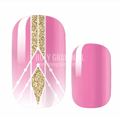 Pink nail wraps with gold glitter chevron stripes and white geometric line accents