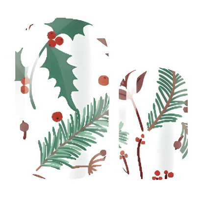 Christmas nail wraps featuring holly leaves pine branches and red berries design