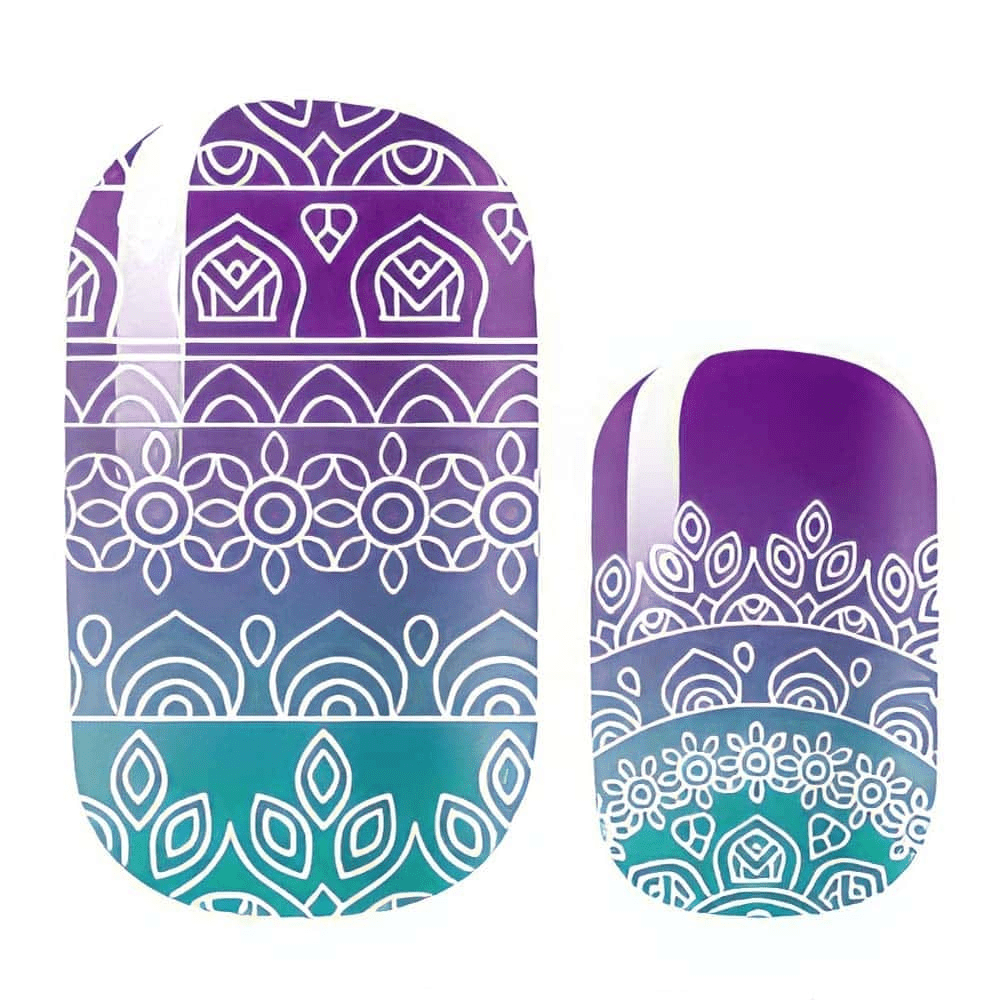 Purple to teal gradient nail wraps featuring intricate white mandala patterns for bohemian nail art designs