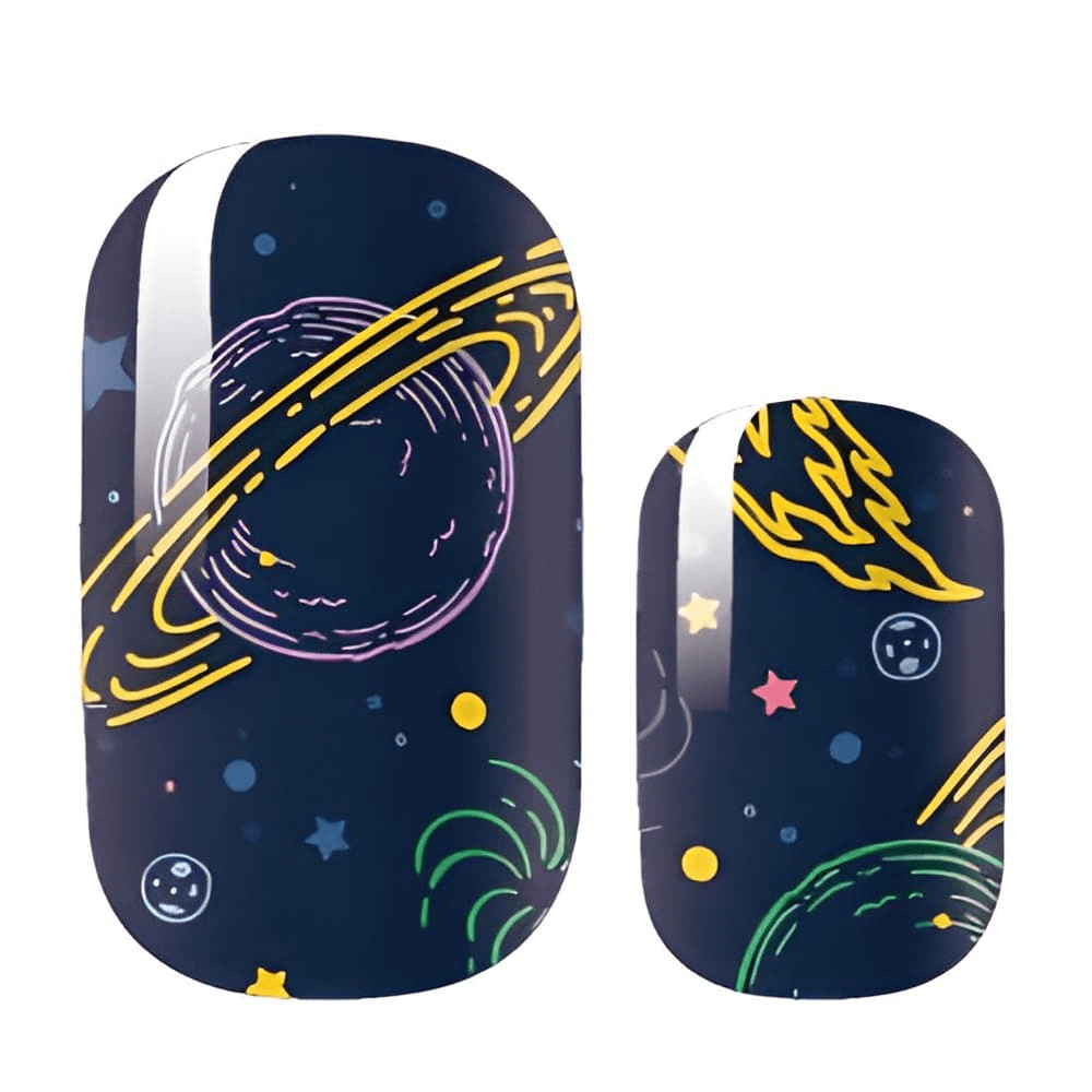 Navy nail wraps with colourful hand-drawn planets, stars and comets, glossy finish.