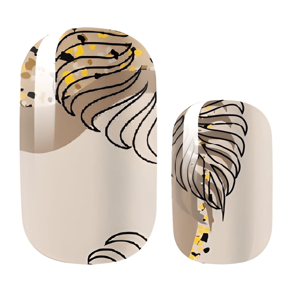 Nude nail wraps with brown palm leaf pattern in minimalist design
