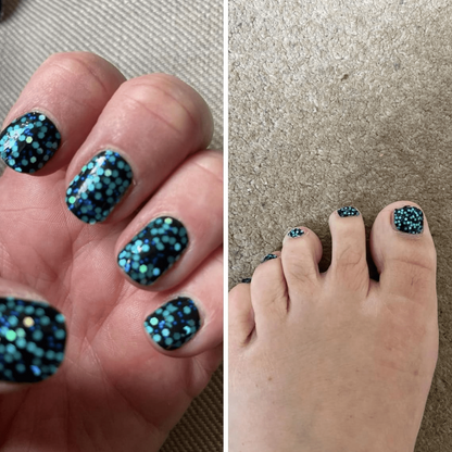 Split image showing teal sequin nail wraps on fingernails and toenails