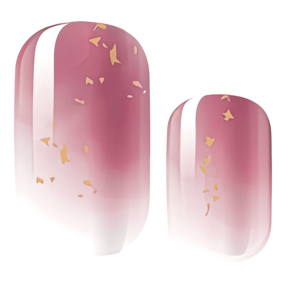 Glossy pink ombre nail wraps with white stripe accent and gold foil flakes