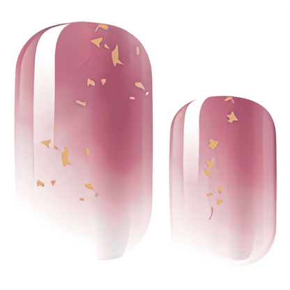 Glossy pink ombre nail wraps with white stripe accent and gold foil flakes