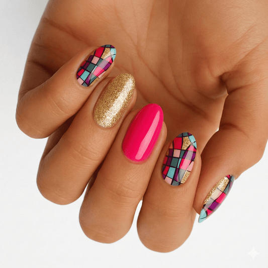 Multicoloured mosaic non-UV nail wraps with gold glitter and pink accents on hand