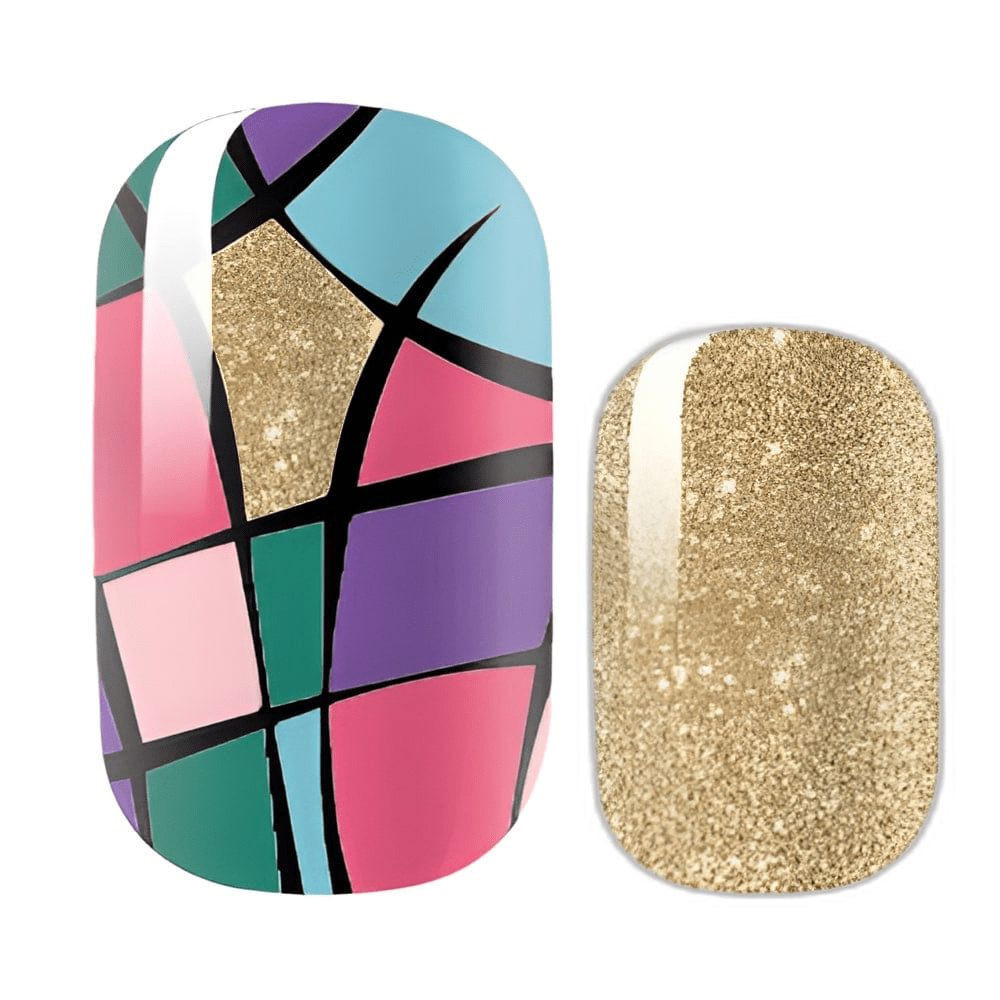 Colourful mosaic pattern nail wraps with gold glitter accent in stained glass design