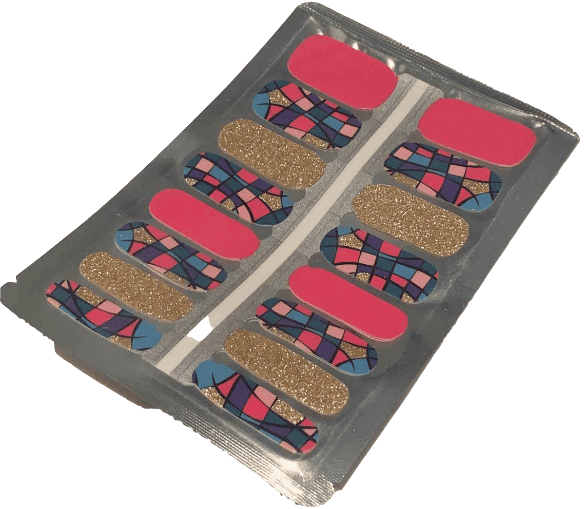 Complete set of mosaic pattern non-UV nail wraps in pink gold and multicolour packaging