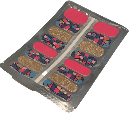 Complete set of mosaic pattern non-UV nail wraps in pink gold and multicolour packaging