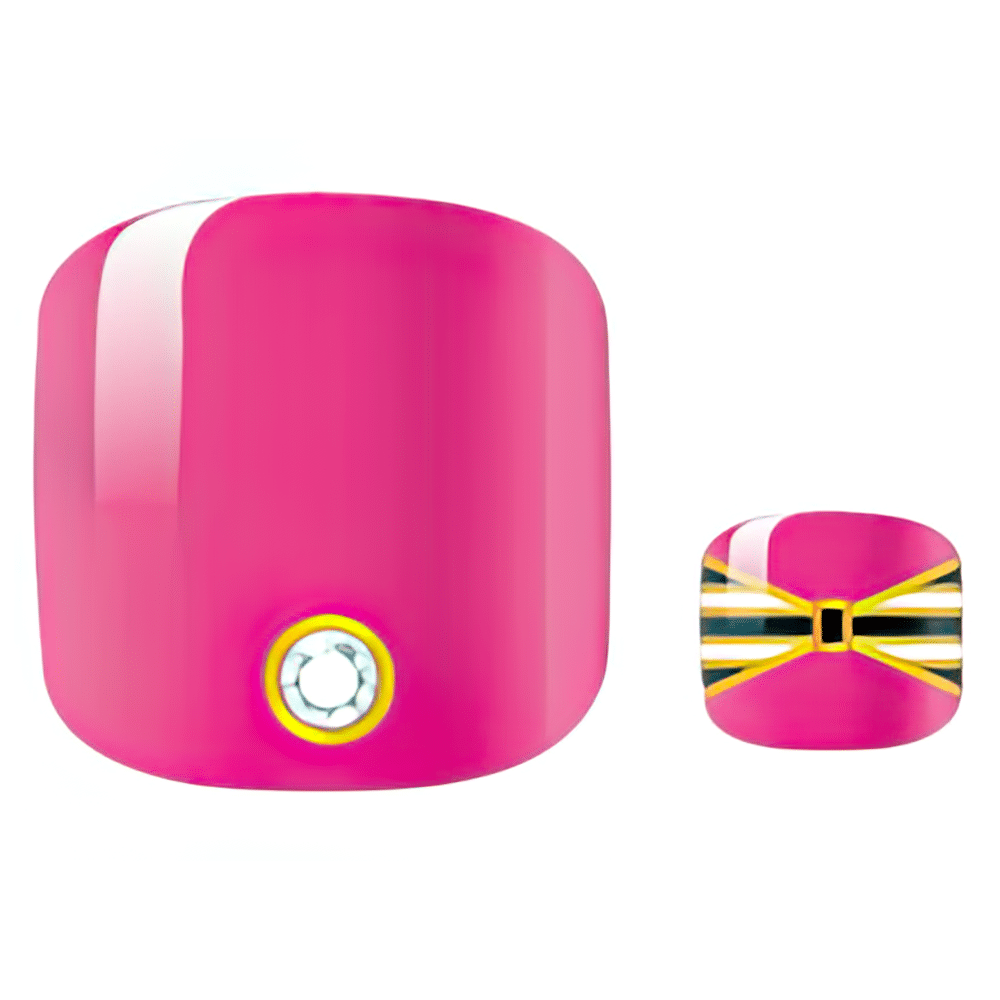 Bright pink pedicure nail wraps with black gold striped accent design for toenails