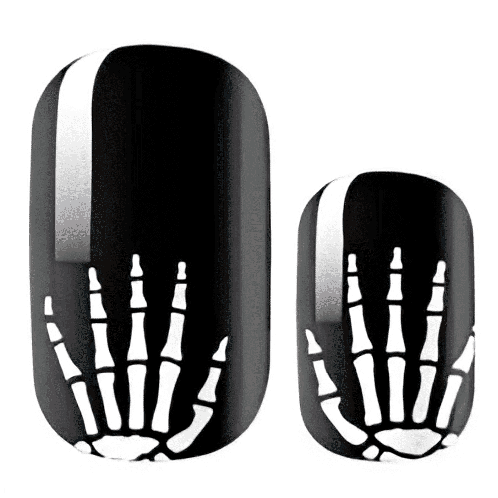 Black nail wraps featuring white skeleton bone pattern for spooky Halloween manicure