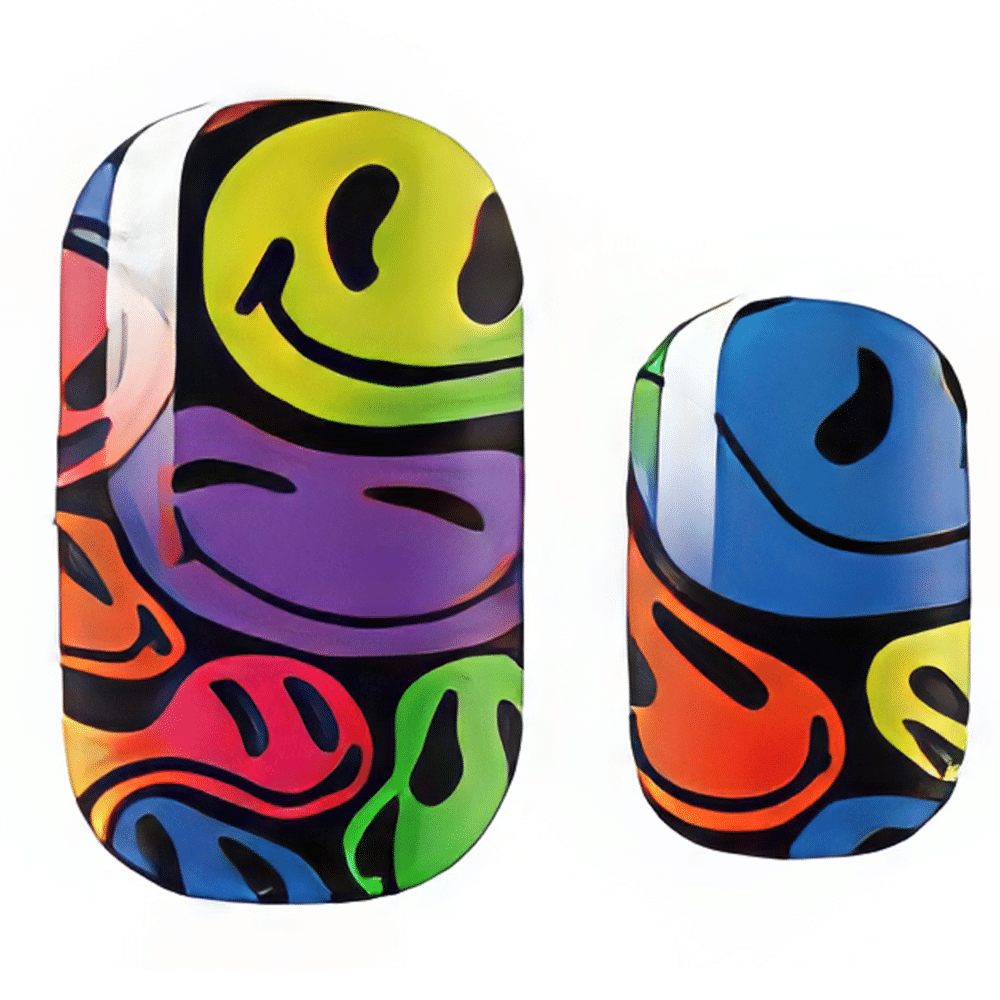 Vibrant smiley face nail wraps showing rainbow multicoloured 80s psychedelic design patterns