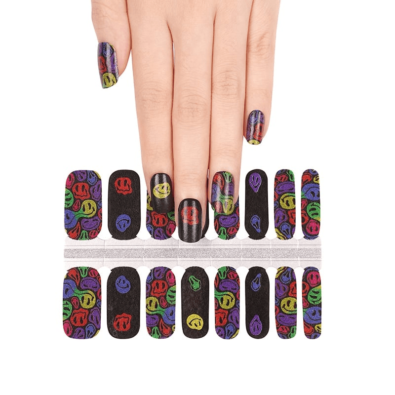 Complete nail wrap sheet showing psychedelic smiley face designs in bright multicoloured patterns