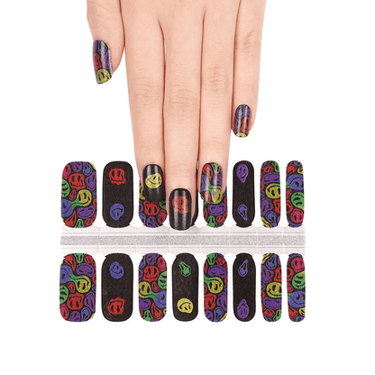 Complete nail wrap sheet showing psychedelic smiley face designs in bright multicoloured patterns