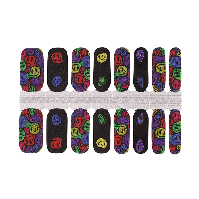 Multicoloured smiley face non-UV nail wraps with neon glitter patterns on black