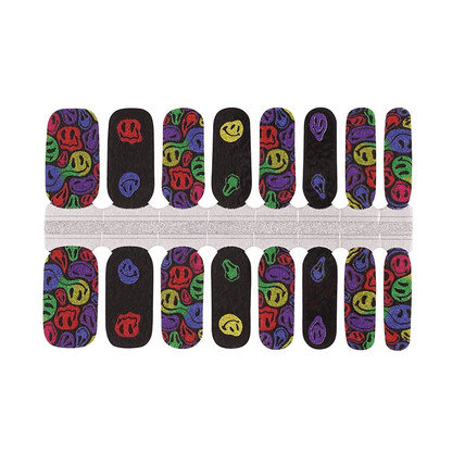 Multicoloured smiley face non-UV nail wraps with neon glitter patterns on black