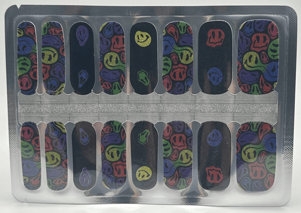 Psychedelic smiley face nail wrap sheet showing sizing guide for at-home manicure