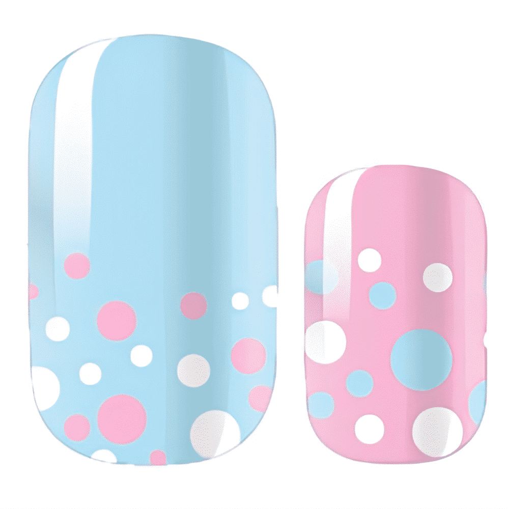 Pastel blue and pink nail wraps with white polka dots geometric pattern design