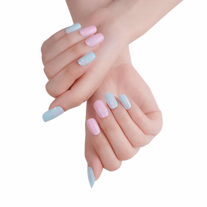 Pastel blue and pink nail wraps with scattered dot pattern, square tips