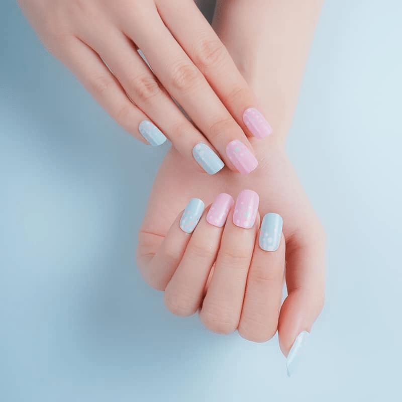 Female hands displaying blue and pink dotted nail wraps manicure against light background