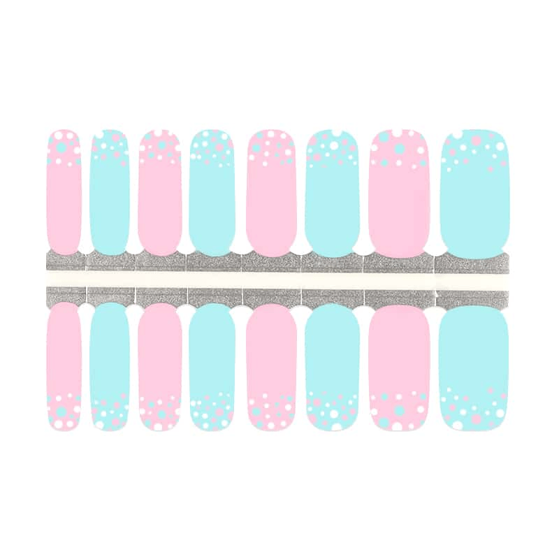 Complete set of pastel blue and pink dotted nail wraps on application sheet