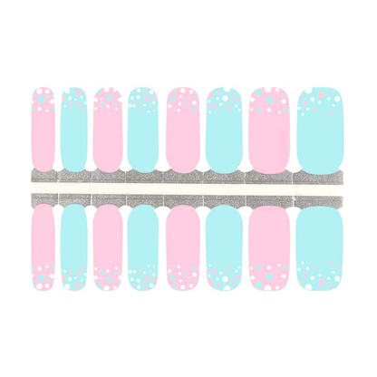 Complete set of pastel blue and pink dotted nail wraps on application sheet