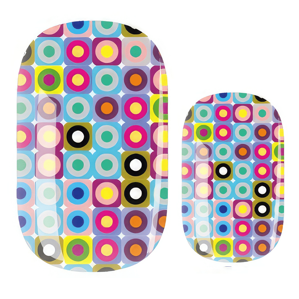 Multicoloured geometric nail wraps with retro circle pattern in bright rainbow colours