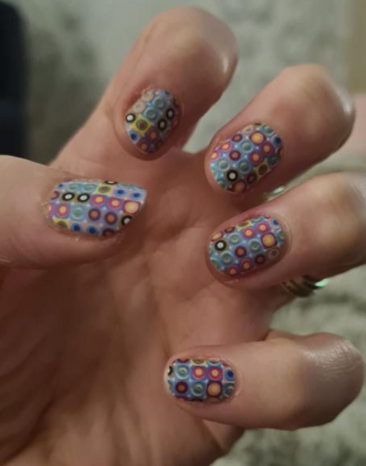 Holy Classics non-UV nail wraps with retro multicolour polka-dot circle pattern on blue