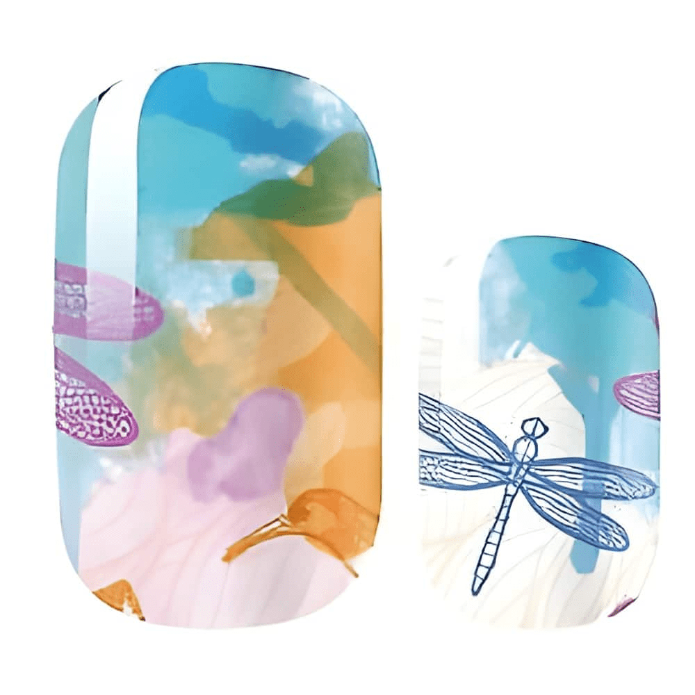 Blue watercolour dragonfly nail wraps with pastel artistic botanical design for at-home manicure