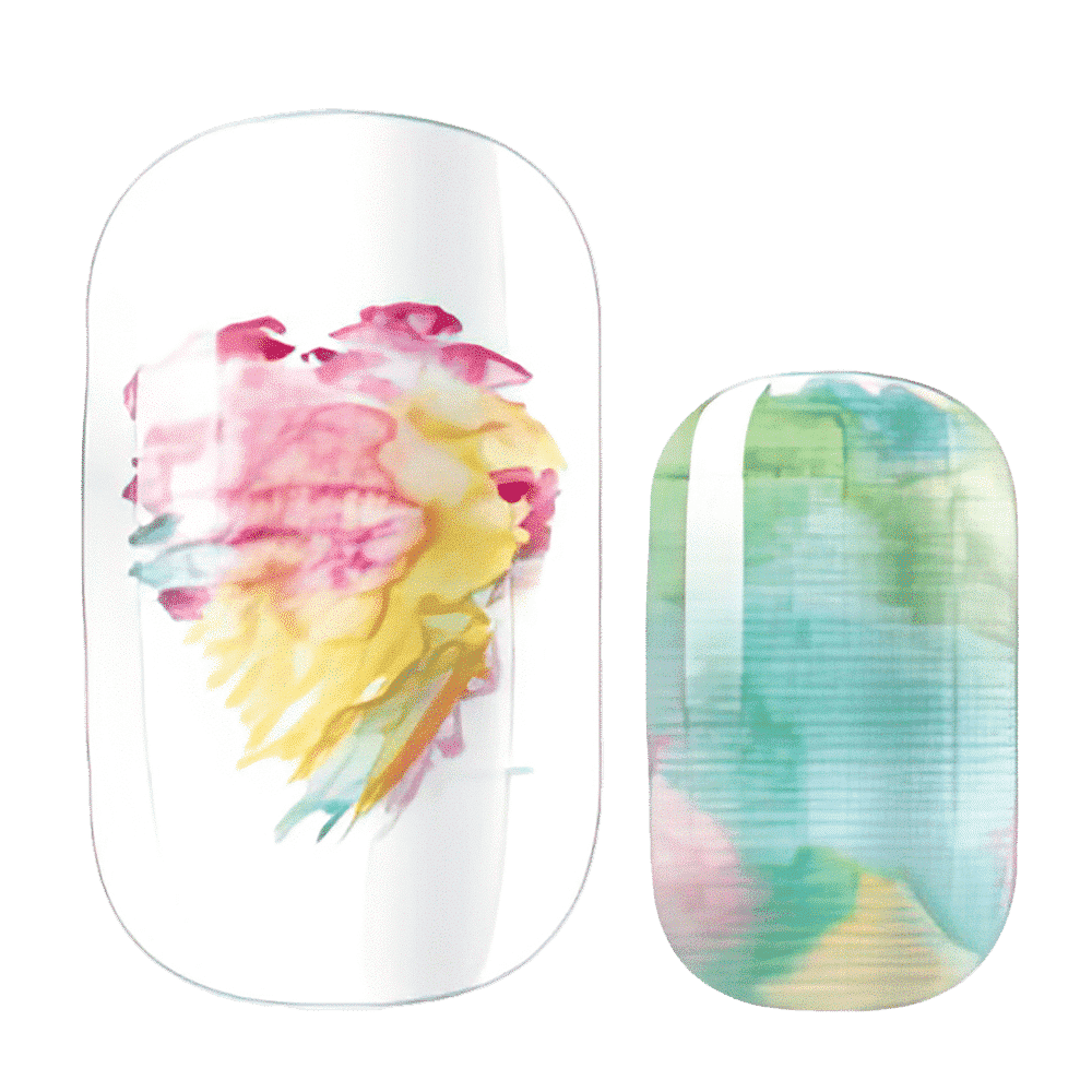 Watercolour nail wraps with pink yellow abstract painterly design on clear background
