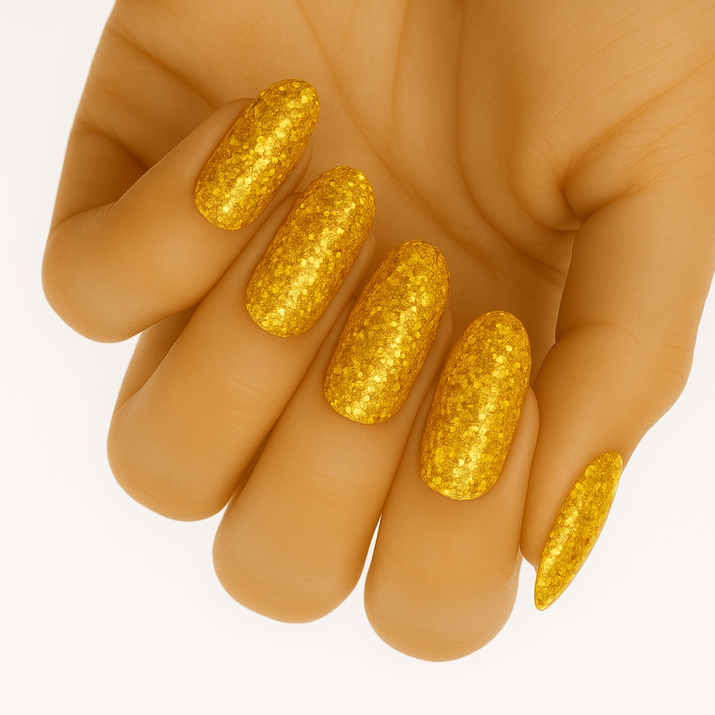 Gold glitter nail wraps with chunky metallic foil-like sparkle on almond-shaped nails