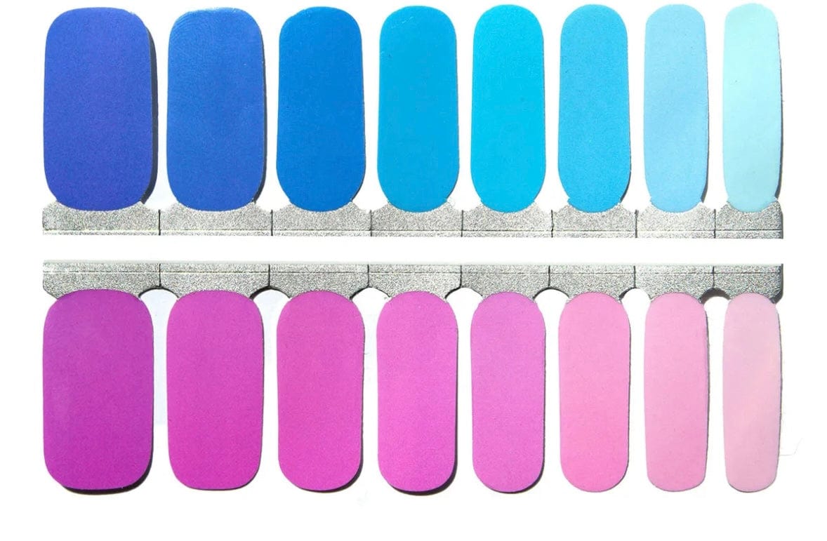 Blue and pink gradient nail wrap colour palette showing smooth matte finishes