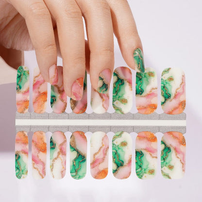 Non-UV nail wraps sheet showing green marble and gold watercolour nail art designs