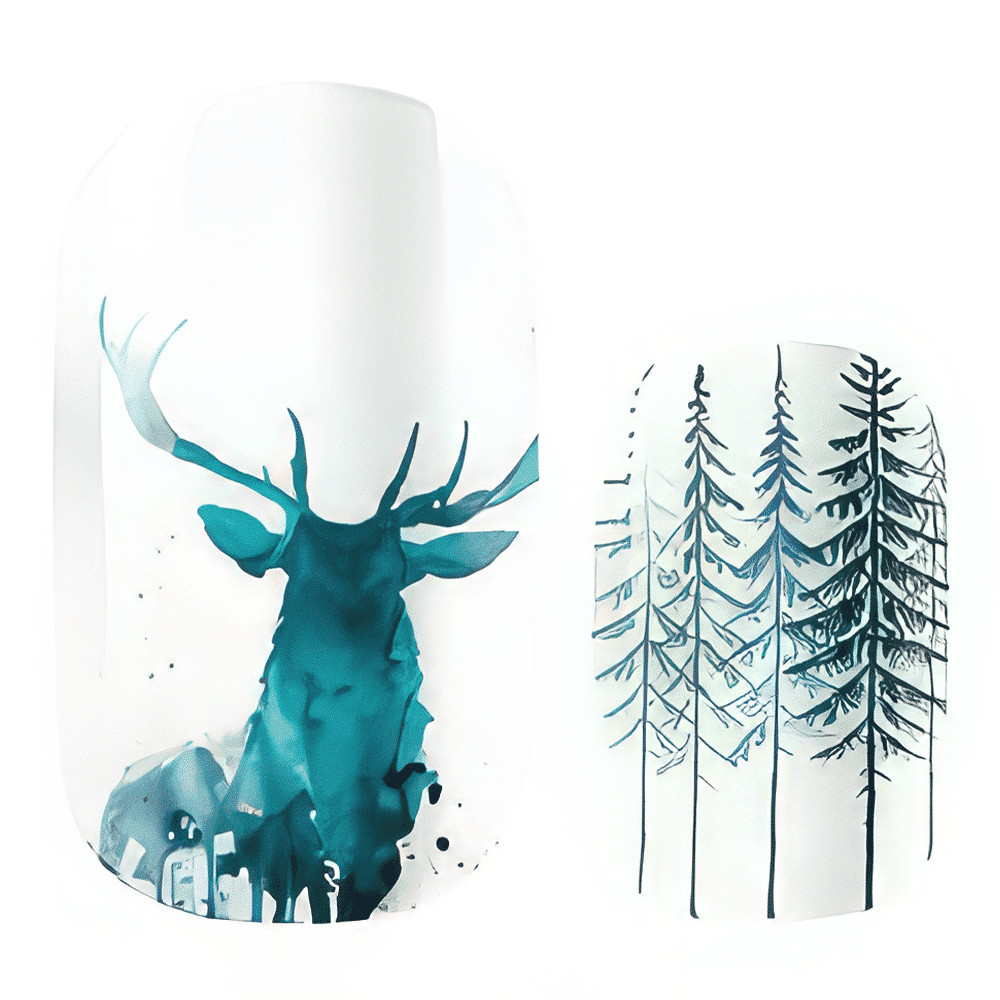 Emerald nail wrap design sheet with watercolour stag and pine tree motifs