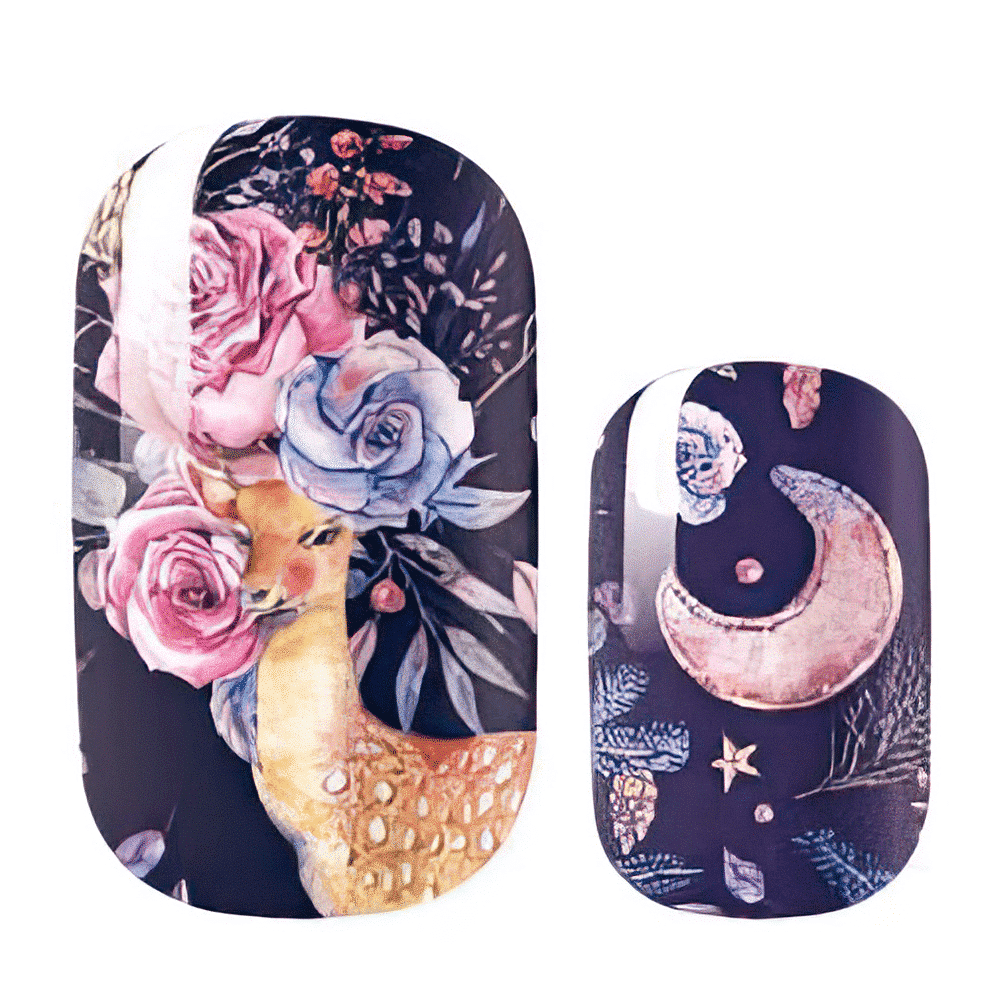 Navy nail wraps with watercolour deer, pink and blue roses, and crescent moon design.