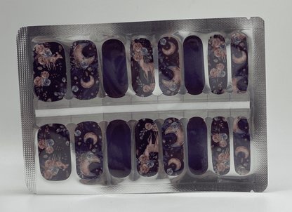 Purple botanical nail wraps with mystical forest deer and floral designs