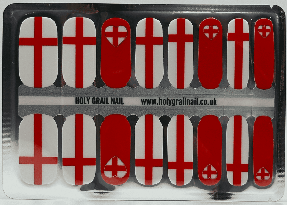 Red and white England flag nail wraps sheet showing St George's cross pattern designs