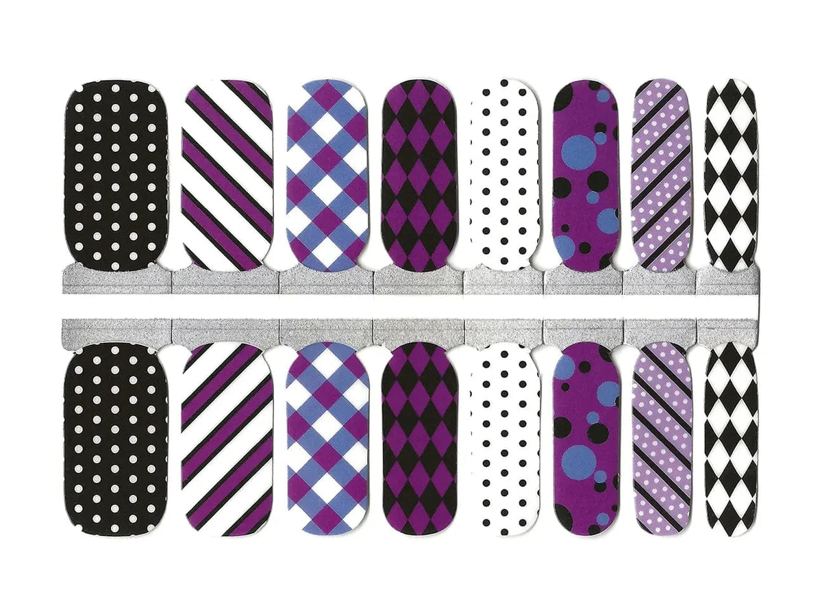 Complete nail wrap sheet showing purple, black and white geometric patterns including dots and stripes