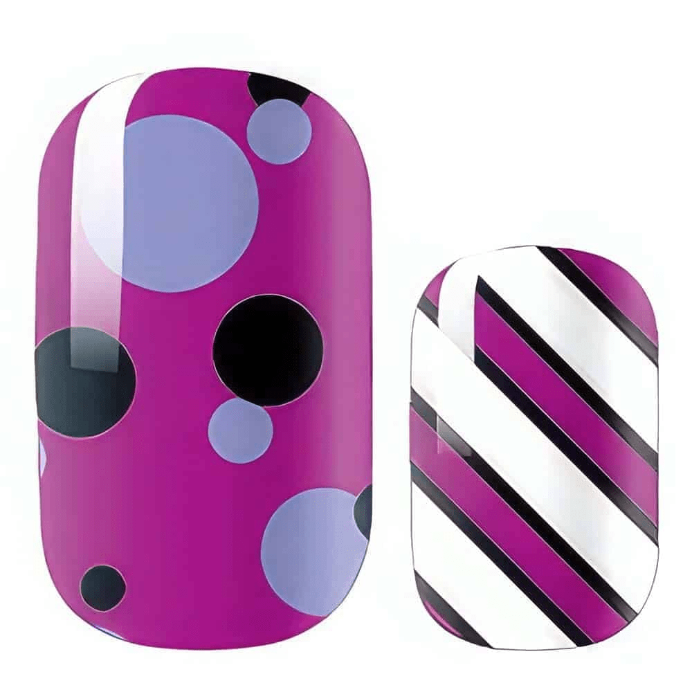 Purple geometric nail wraps featuring circles, stripes and mixed patterns for at-home manicure