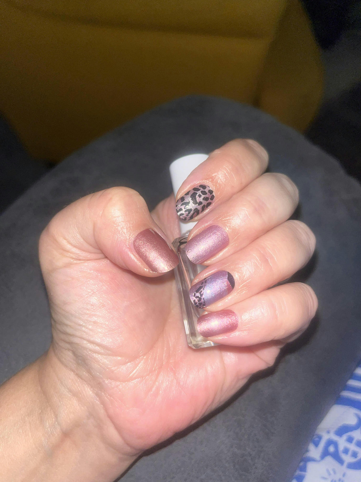 Holy Classics non-UV nail wraps in mauve-pink shimmer with leopard print accent nails