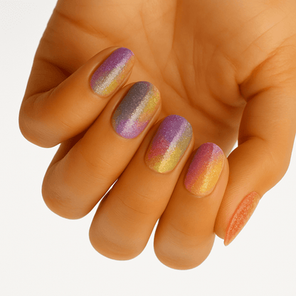Purple pink gold iridescent ombre nail wraps on hand showing holographic shimmer gradient finish